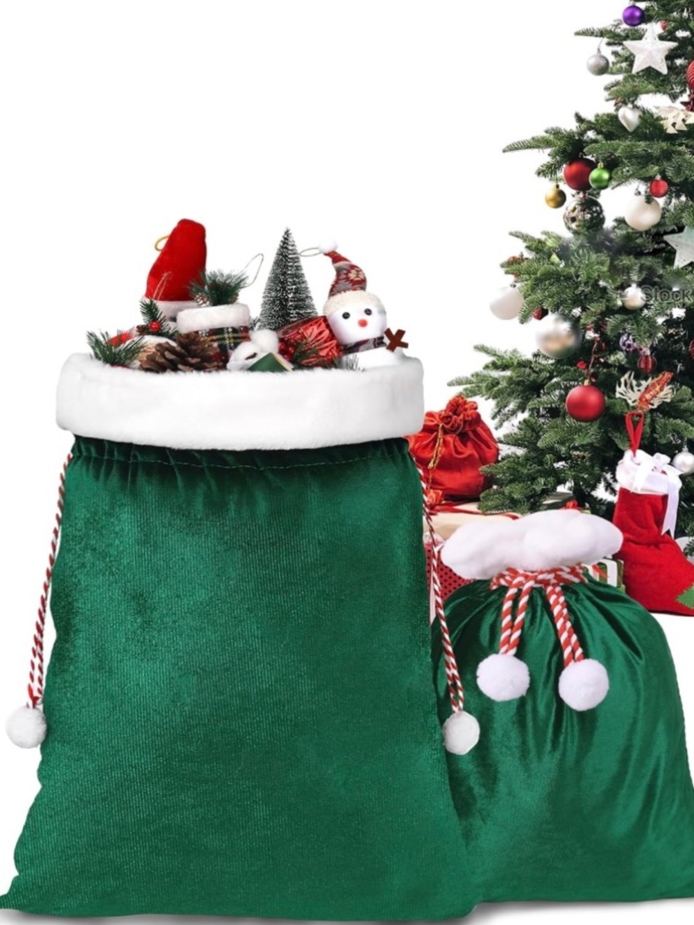 2 Pc Velvet Santa Sack Set Green Christmas Gift Bags Large Drawstring